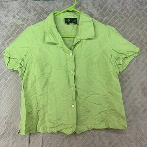 Dina K Womens L Shirt Lime Green Ramie Blend Floral Embroidered Button Up Collar